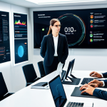 A diverse team of professional business individuals, including men and women, in a modern, well-lit collaborative meeting room. They are dressed in modest business suits and professional attire, fully clothed. The team members are deeply engaged in an intense scenario analysis session, calmly analyzing complex data visualizations displayed on large, futuristic screens. Their expressions are focused and determined, reflecting thoughtful problem-solving and strategic thinking. The room features sleek furniture and advanced digital displays showcasing abstract graphs and information, emphasizing a cutting-edge environment for risk assessment. Professional photography, high resolution, realistic rendering, perfect anatomy, correct proportions, natural pose, well-formed hands, proper finger count, natural body proportions, appropriate content, safe for work, family-friendly.