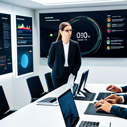 A diverse team of professional business individuals, including men and women, in a modern, well-lit collaborative meeting room. They are dressed in modest business suits and professional attire, fully clothed. The team members are deeply engaged in an intense scenario analysis session, calmly analyzing complex data visualizations displayed on large, futuristic screens. Their expressions are focused and determined, reflecting thoughtful problem-solving and strategic thinking. The room features sleek furniture and advanced digital displays showcasing abstract graphs and information, emphasizing a cutting-edge environment for risk assessment. Professional photography, high resolution, realistic rendering, perfect anatomy, correct proportions, natural pose, well-formed hands, proper finger count, natural body proportions, appropriate content, safe for work, family-friendly.