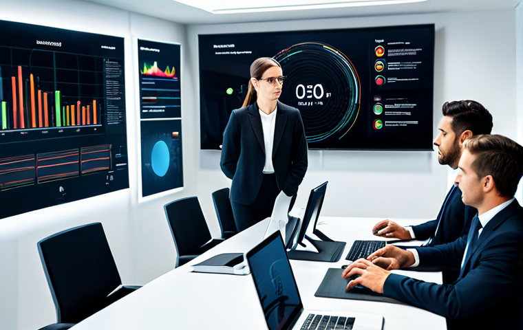 A diverse team of professional business individuals, including men and women, in a modern, well-lit collaborative meeting room. They are dressed in modest business suits and professional attire, fully clothed. The team members are deeply engaged in an intense scenario analysis session, calmly analyzing complex data visualizations displayed on large, futuristic screens. Their expressions are focused and determined, reflecting thoughtful problem-solving and strategic thinking. The room features sleek furniture and advanced digital displays showcasing abstract graphs and information, emphasizing a cutting-edge environment for risk assessment. Professional photography, high resolution, realistic rendering, perfect anatomy, correct proportions, natural pose, well-formed hands, proper finger count, natural body proportions, appropriate content, safe for work, family-friendly.